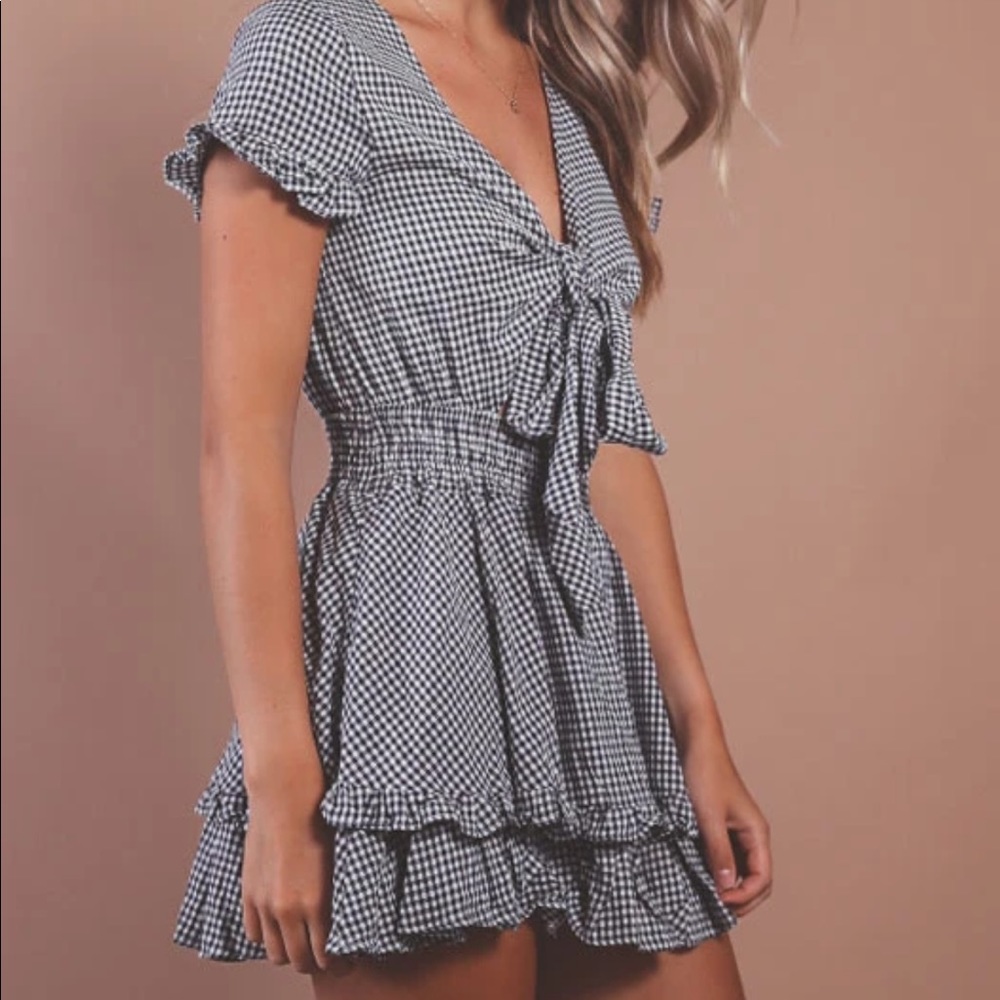 NWOT. Size S. Riffraff gingham black and white tie front mini dress.